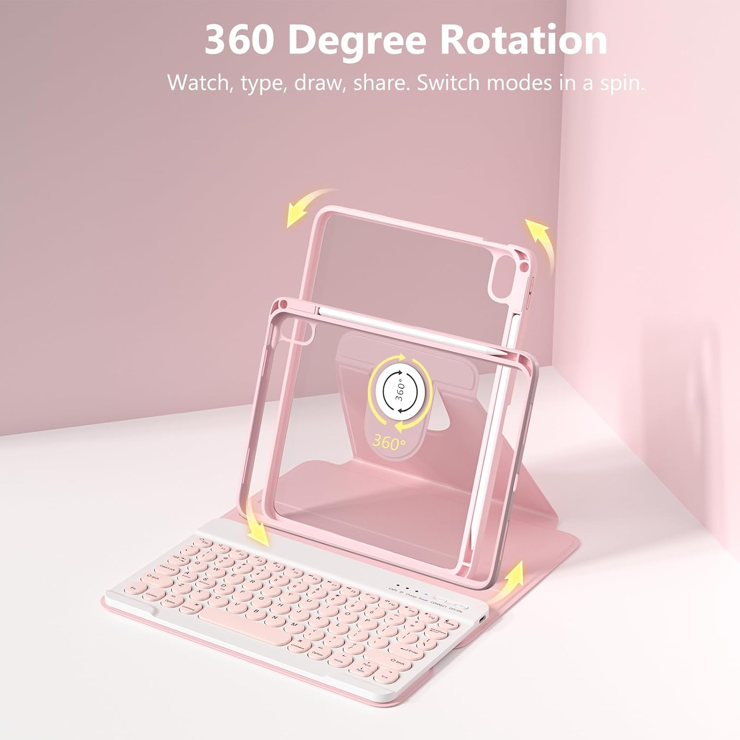 besky Keyboard case for iPad A16 11th 10th Generation 11/10.9 inch, Detachable Keypad,360 Rotatable Magnetic Cover with Pencil Holder for iPad 11 2025 10 Gen 2022 - Light Pink - Image 4