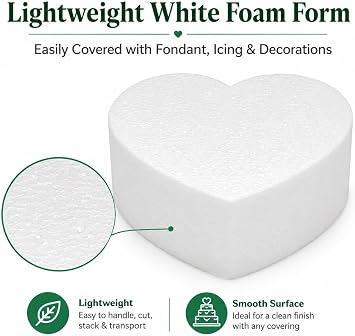 Oasis Supply Heart Cake Dummy, White EPS Foam Faux Cake Tier for Decorating Practice, Displays & Wedding Designs, 14 Heart x 3 High