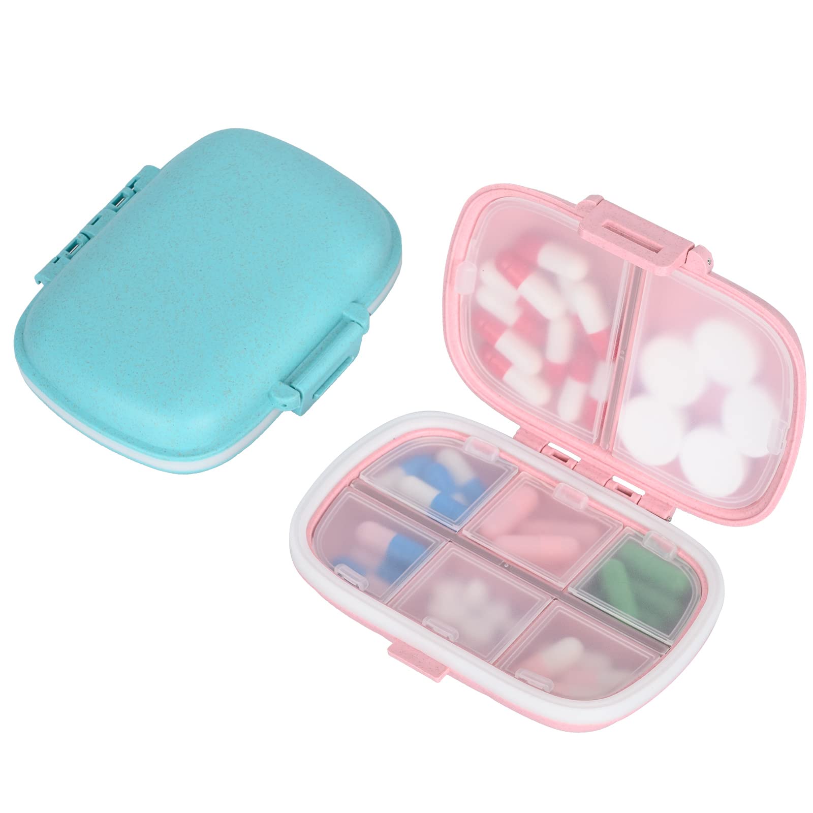 2 Pcs Small Pill Box Organiser, Portable Travel Pill Case, Daily Medicine Storage Box with 8 Compartments, Moistureproof Pill Vitamin Travel Case Pill Holder Pill Dispenser (Blue&Pink)