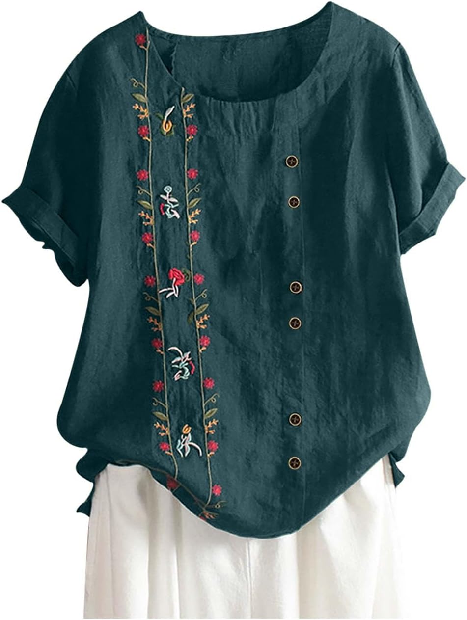 Womens Embroidered Tops Casual Summer Boho T Shirts Loose Fit Short Sleeve Floral Blouses