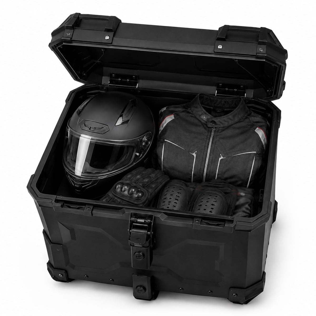 Bauletto Moto Alluminio 45 L per Casco integrale e Giacca da con Piastra di Montaggio Fodera interna e Schienale Valigia Posteriore Total Black per Scooter Moto Uso Quotidiano