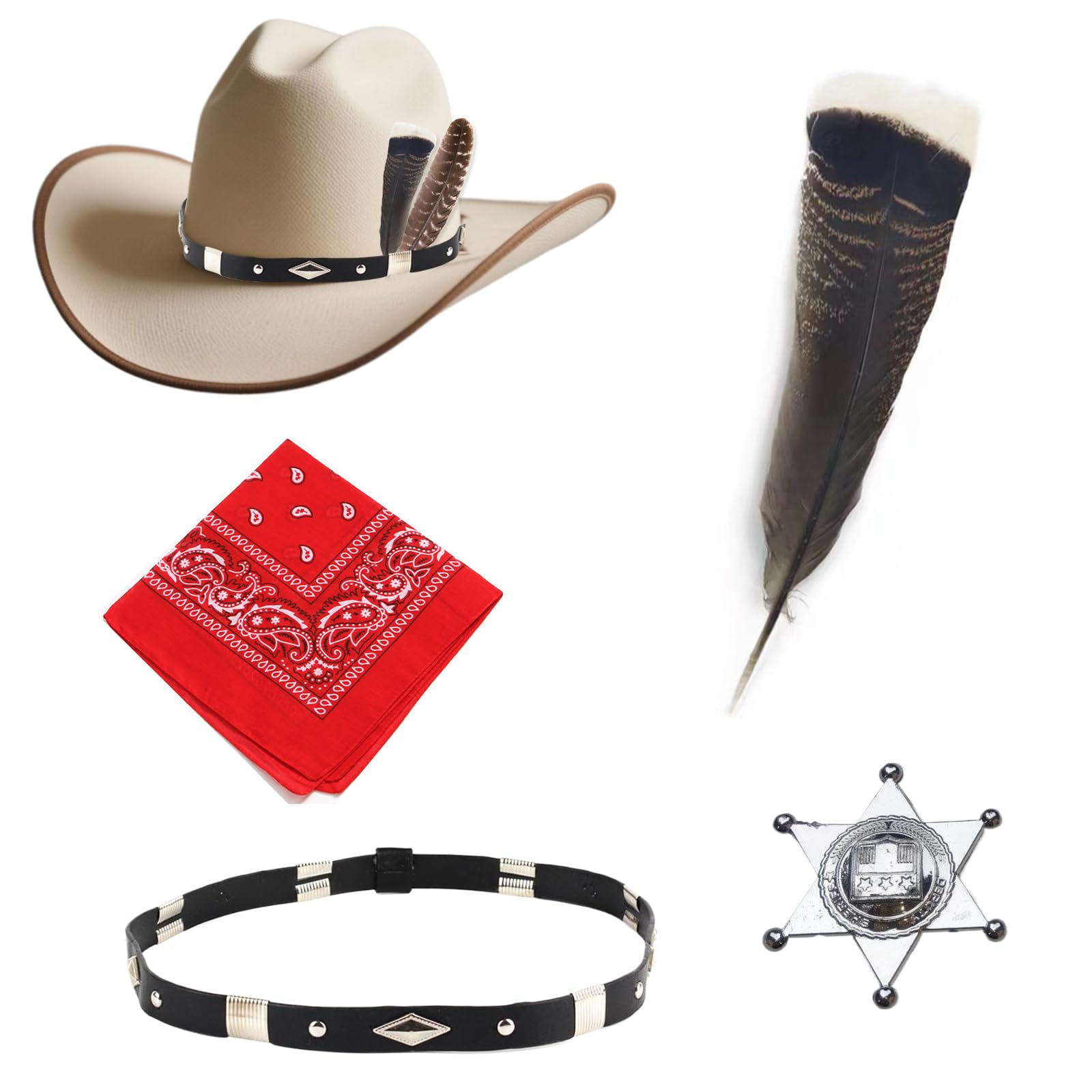 Feathers Leather Hatband for Western Cowboy with Red Paisley Bandana and Denim Silver Pentagram Badge,Straw Hat Belt Accessories for Pirate, Halloween, Themed Party