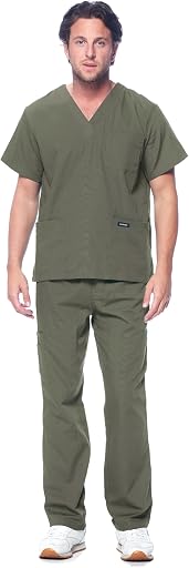 Dagacci Medical Uniform® Men's V-Neck Cargo Scrubs | Cotton Blend, Matching Top and Cargo Pants Set, 8 Pockets, Elastic Drawcord Waistband, for Men in Healthcare