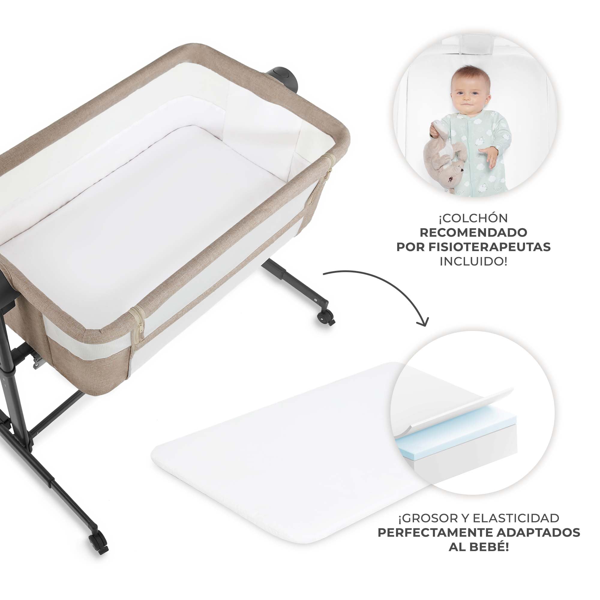 Kinderkraft Nestee UP 2 Cuna Colecho para Bebé con Colchón, Cuna de Cabecera, Fácil Ajuste de Cama de Padres, Ajuste de Altura, Buena Circulación de Aire, Ruedas transportarás, Beige