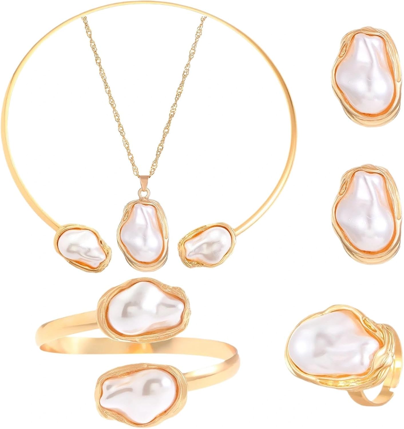 GIGB PBDK Gold/Silver Plated Baroque Pearl Jewelry Set for Women,Layered Lava White Pearl Collar Necklace,Valentine's Day Wedding Bridesmaid Accessories Gifts