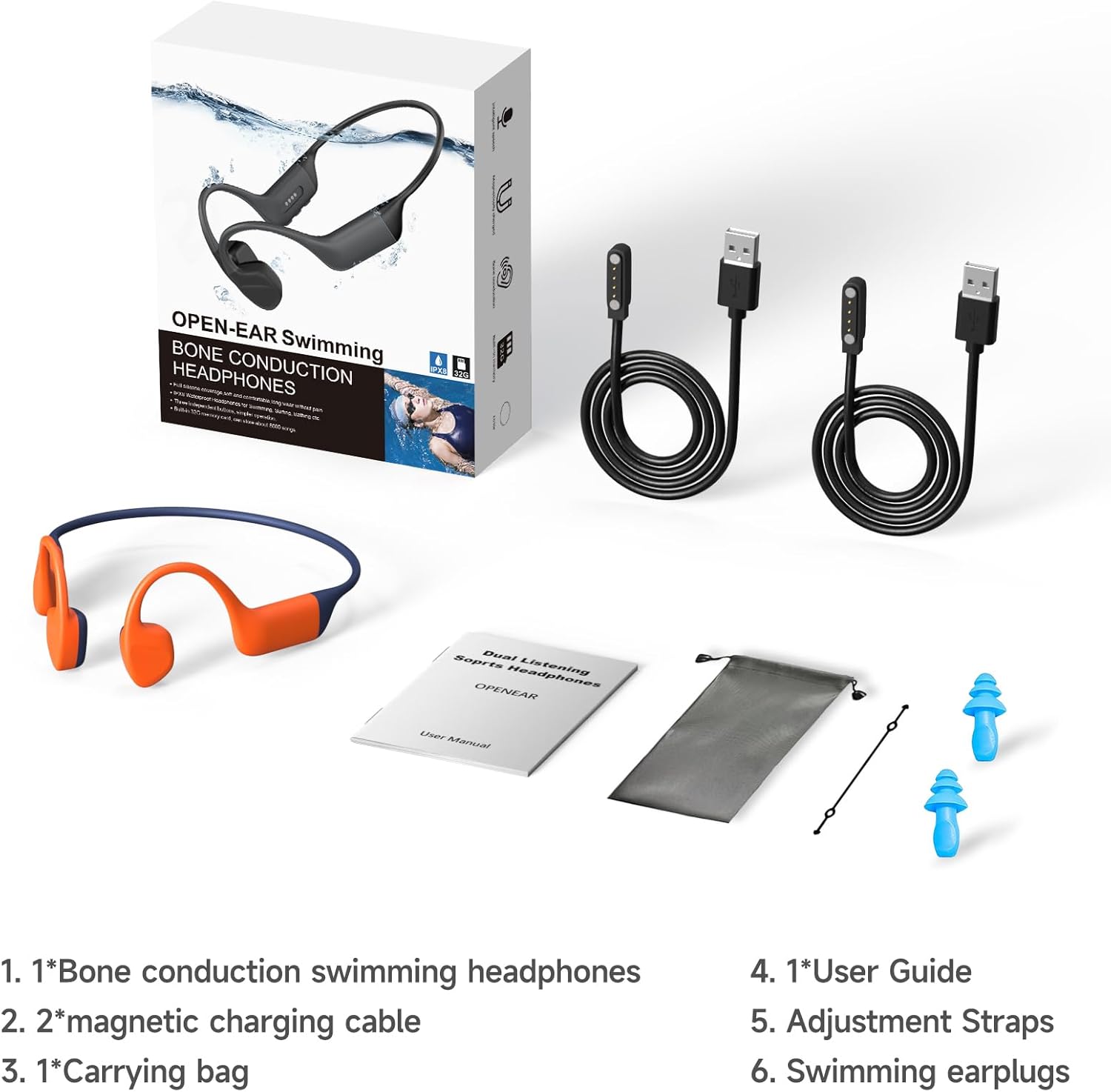 Bone Conduction Swimming Headphones,Waterproof IP68,Bluetooth 5.4, Built-in 32GB TF Swimming Headphones Underwater Music Player, Open Ear Bluetooth Earbuds (Orange) - Image 3