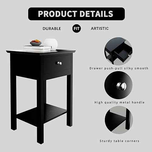 Miniatura 4 de Mesa auxiliar pequeña para dormitorio con cajón y 2 estantes, mesita de noche negra, mesas de noche estrechas, sala de estar con almacenamiento para