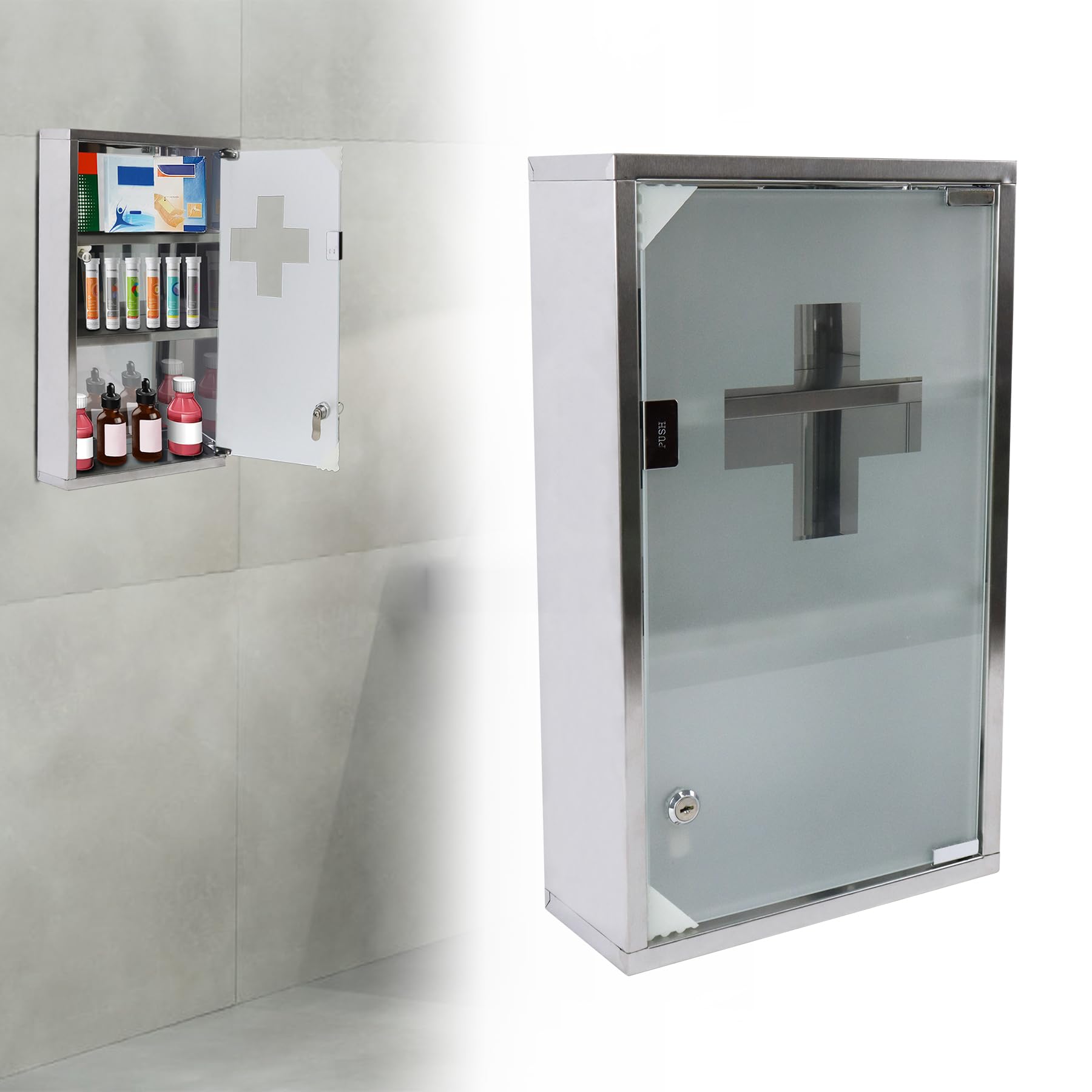 LARS360 Armadietto per medicinali in acciaio inox, montaggio a parete, chiudibile, argento, 3 scomparti | Con porta in vetro e serratura, conservazione chiara, rilevamento rapido in caso di emergenza, ideale per bagno e casa