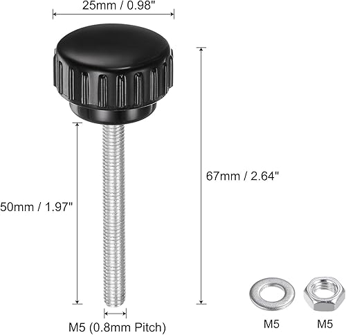 Miniatura 216 de uxcell Juego de 4 perillas moleteadas, tornillos de pulgar con tuercas y arandelas, rosca macho métrica M6 x 1.378 in, cabeza de plástico de 0.984