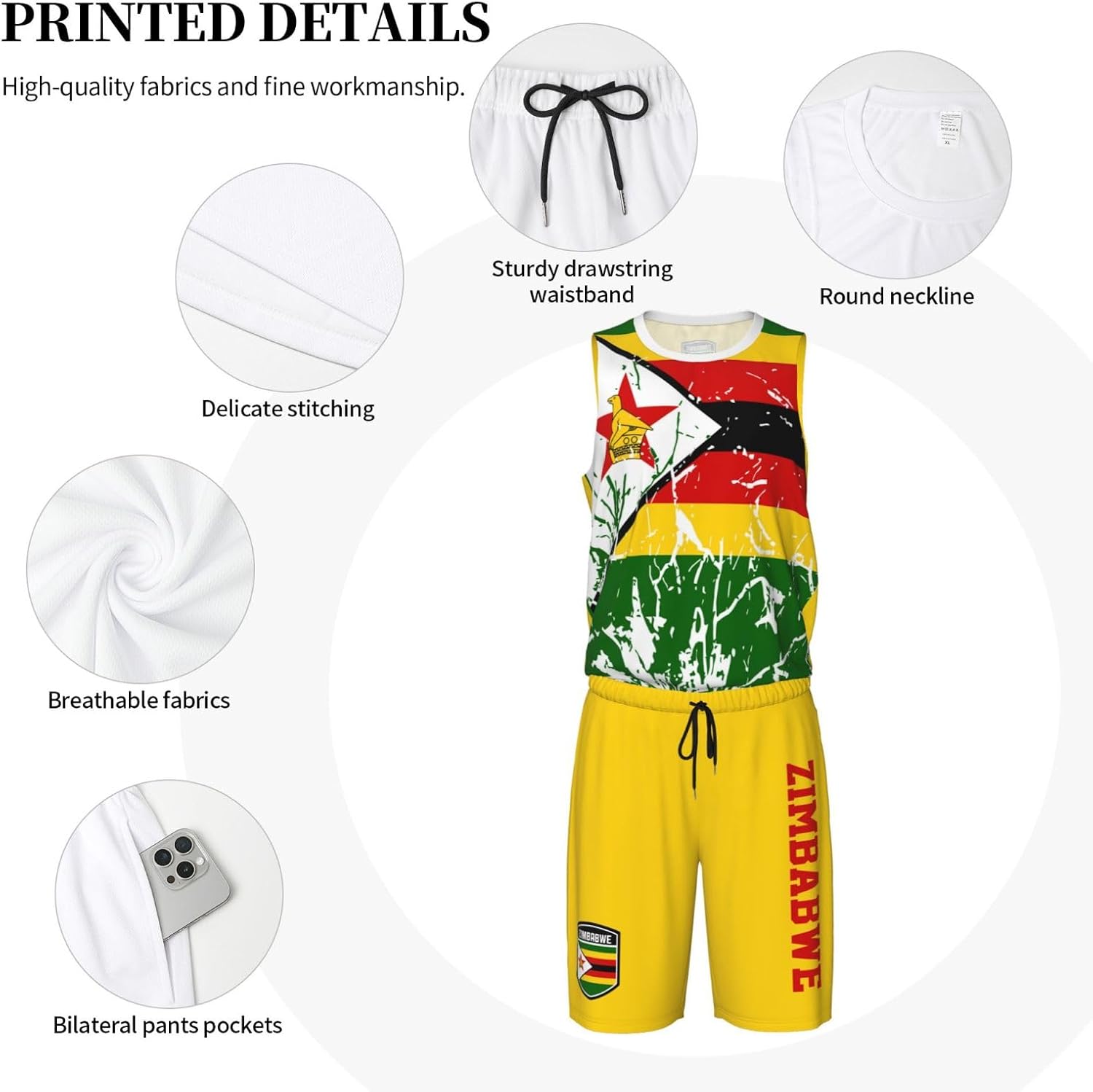 Zimbabwe Flag Grain (3) Basketball Jersey Uniform Suit for Men Adults Training Athletic Set