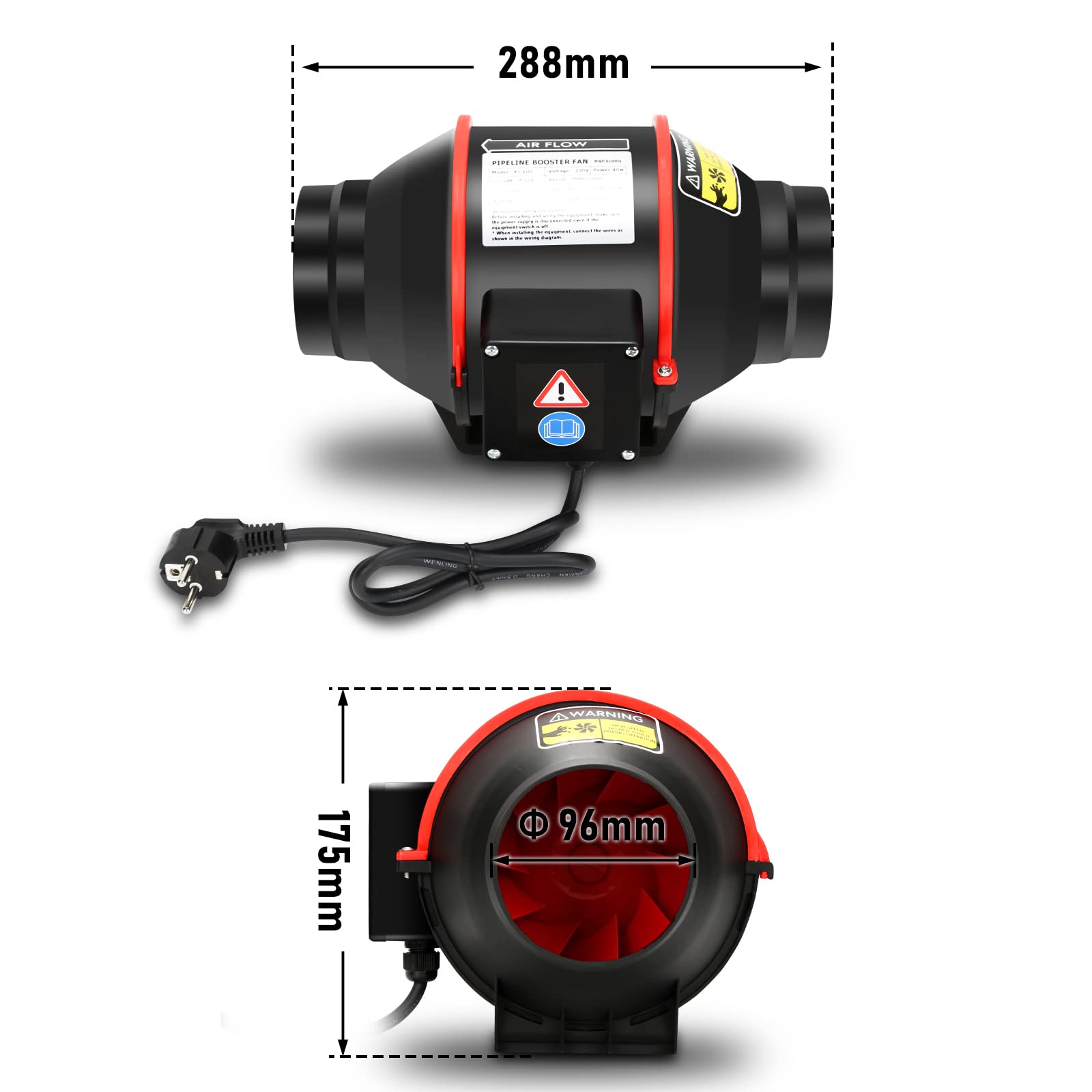 Ventilatore assiale a tubo con telecomando, 100 mm Ventilatore da Bagno 2 velocità 310m³/h ventilatore da bagno per cucina, serra, tenda da coltivazione
