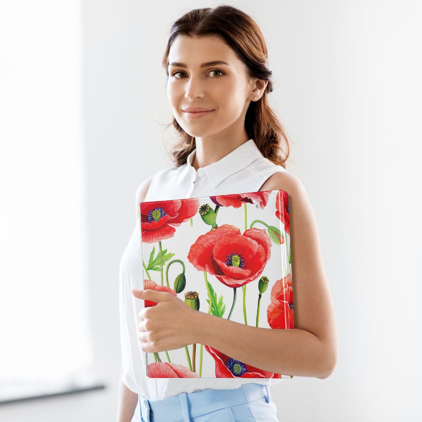 Raccoglitore ad anelli a D con 3 anelli, motivo fiori di papavero rosso, stile acquerello, 3,8 cm, con portablocco grande, per scuola, università, ufficio (confezione da 2)