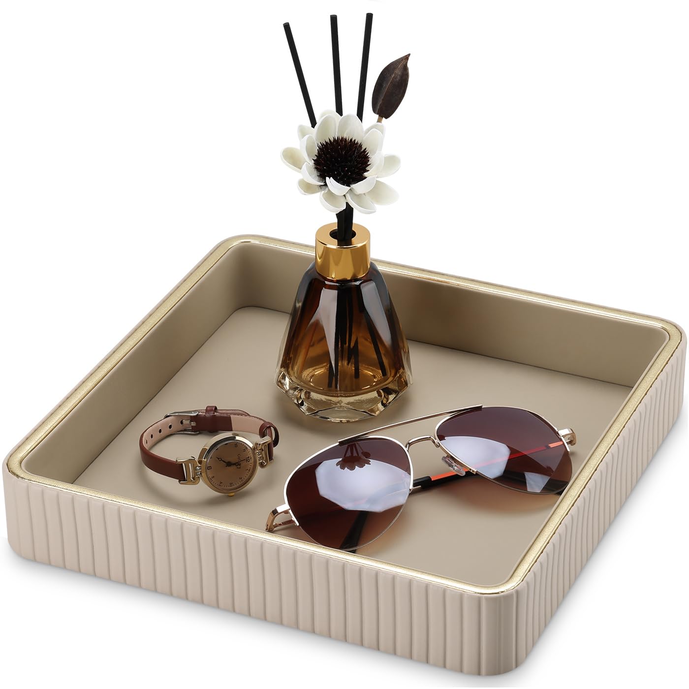 GORESE Bandeja de Valet,Bandeja para Joyas Cuero Bandejas Decorativas Bandejas de Mesa de Noche Organizador Vaciabolsillos Escritorio para Llaves,Maquillaje,Reloj,Gafas,Perfume,Joyería,Moneda(Beige)