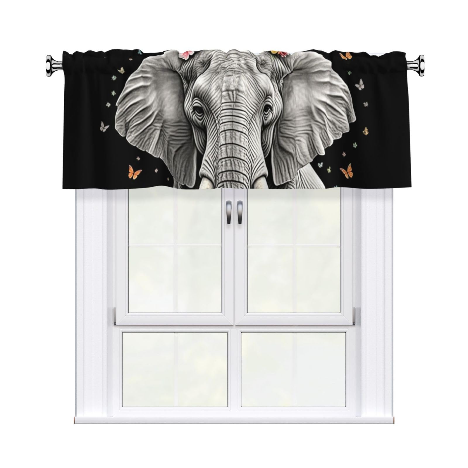 FekiLoot Cute Elephant Curtain Valance for Windows, Kitchen Window Valances Rod Pocket Window Treatments Short Curtains Drapes for Bathroom Bedroom Cafe Decor 54x18inch 1 Panel