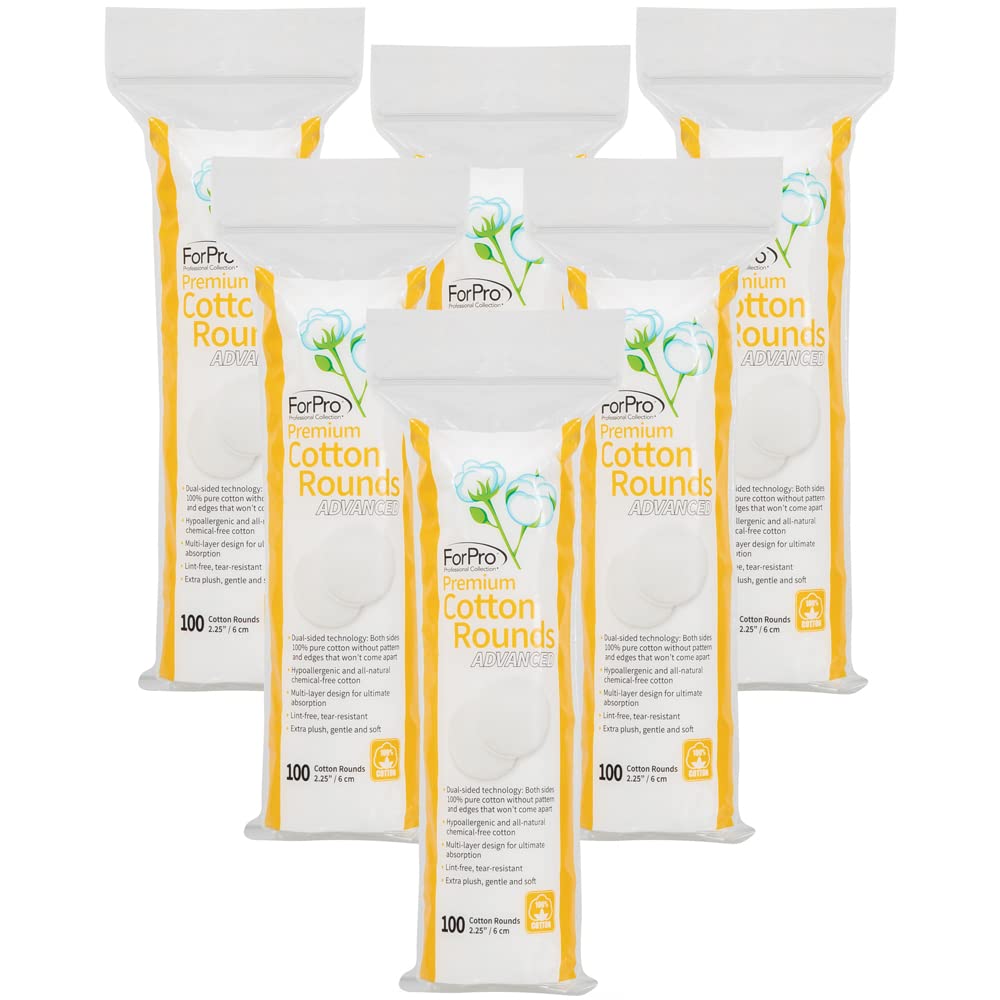 ForPro Premium Cotton Rounds Advanced, 2X More Absorbent, 100% Pure Cotton Pads for Removing Makeup, Nail Polish and Cleansing Face, Hypoallergenic, 2.25”, 600-Count (Pack of 6-100 Cotton Rounds)