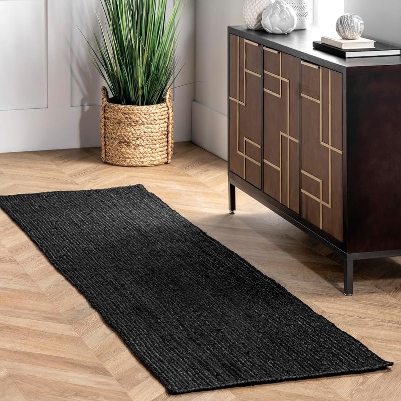 Mrida Weave 2.6x10 Ft Black Jute Area Rug, Boho Chic Natural Jute Area Rug - Hand-Braided, Rustic Farmhouse Decor for Living Room, Dining Room, and Bedroom