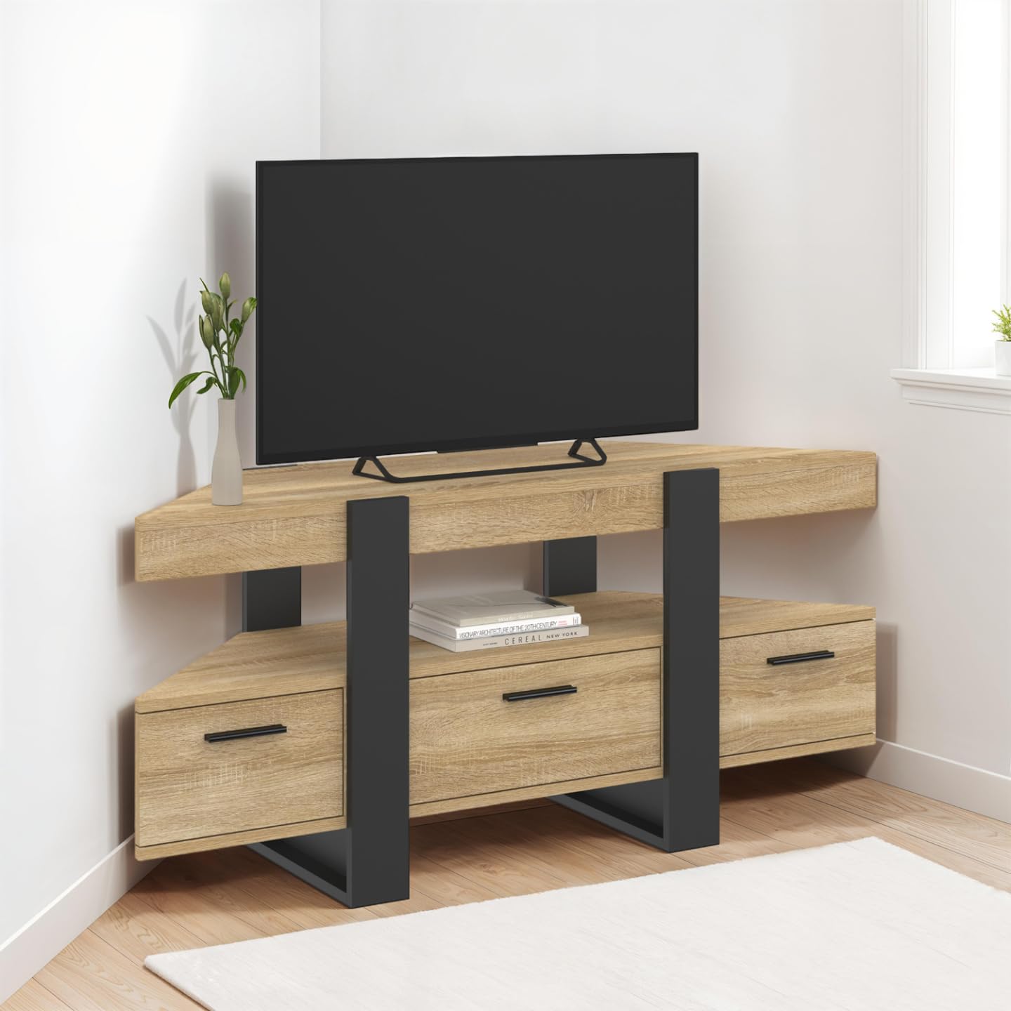 IDMarket Phoenix - Mueble para TV (110 cm, esquinero con cajón, madera y negro), color negro
