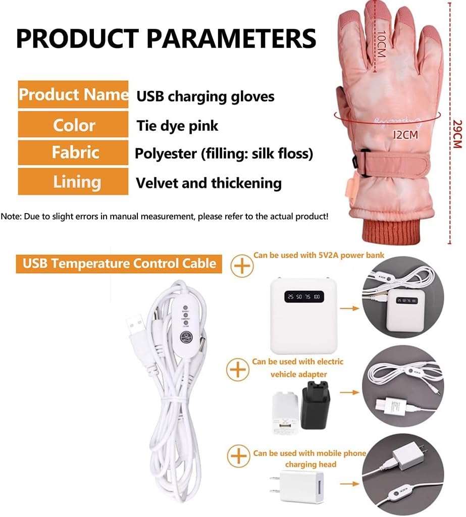 Pink Girls Women Electric Heated Gloves, Rechargeable Waterproof Ski Touchscreen USB Heated Gloves for Winter, Cycling, Skiing, Skating