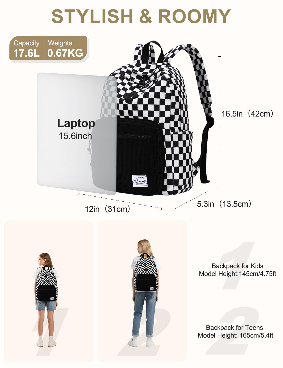 VASCHY Mochila de Pana a Cuadros Negro/Blanco, Ligera 17,7 L, para Portátil 15,6", Colegio Primaria Secundaria Instituto, Mujer y Adolescente, Daypack Casual