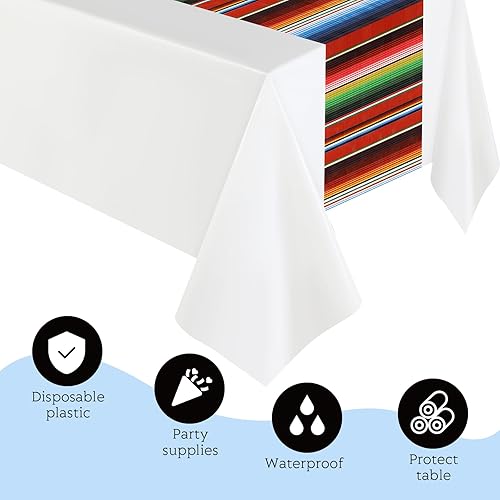 Miniatura 3 de Hosuly Mantel de fiesta mexicana de 54 x 108 pulgadas, mantel de plástico a rayas para decoración de fiesta mexicana (fondo blanco, 6 unidades)