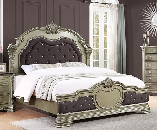 Liveasy Furniture Bedroom Set Queen Furniture Solid Wood Olive Finish 5-Piece Bedroom Set Include Velvet Diamond Headboard, Footboard, Rail, Dresser, Mirror, Chest, Nightstand (Queen Set) #TOP1
