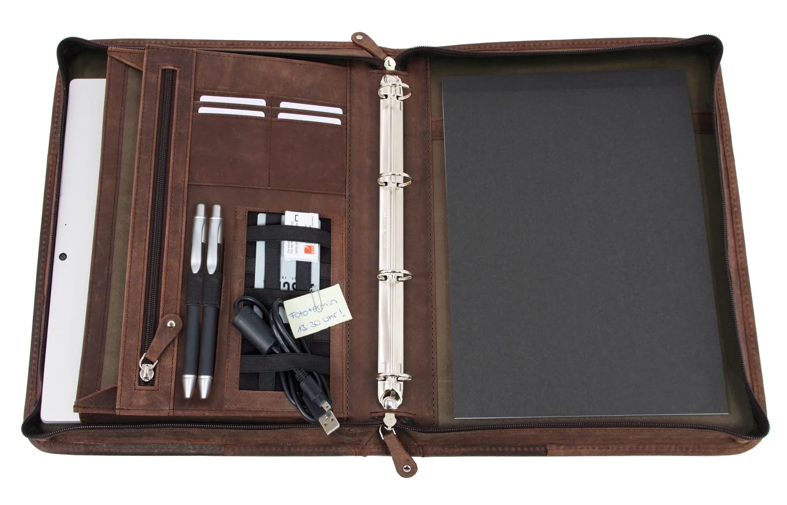 Pride and Soul 30125 - Ringbuchmappe A4 VIGGO, Schreibmappe mit Tablet-Fach, Businessmappe aus Leder, Mappe mit Notizblock, Organizer für Büro und Alltag, Tabletmappe ca. 35,5 x 28 x 5 cm, braun