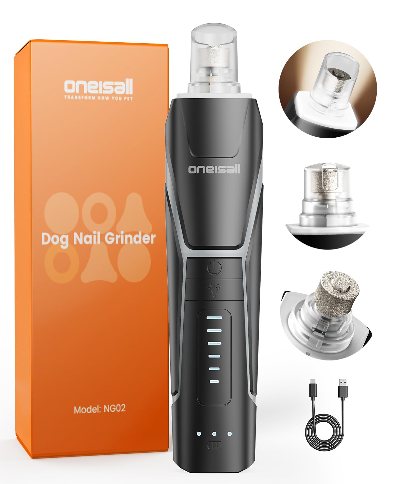 oneisall Hunde Krallenschneider mit 360° LED-Licht, Krallenschleifer für Hunde groß und klein 6 Geschwindigkeiten bis 12000rpm, leiser 40dB krallenschneider für Hunde 3 STU. Akkulaufzeit