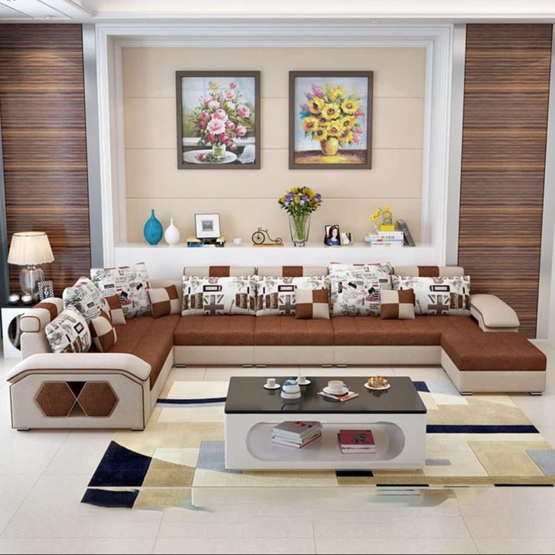 Ripple FURNNITURE U Shape 9 Seater Modern Interchangeable Fabric Sofa Set with 4 Puffy (Right, Beige & Brown)