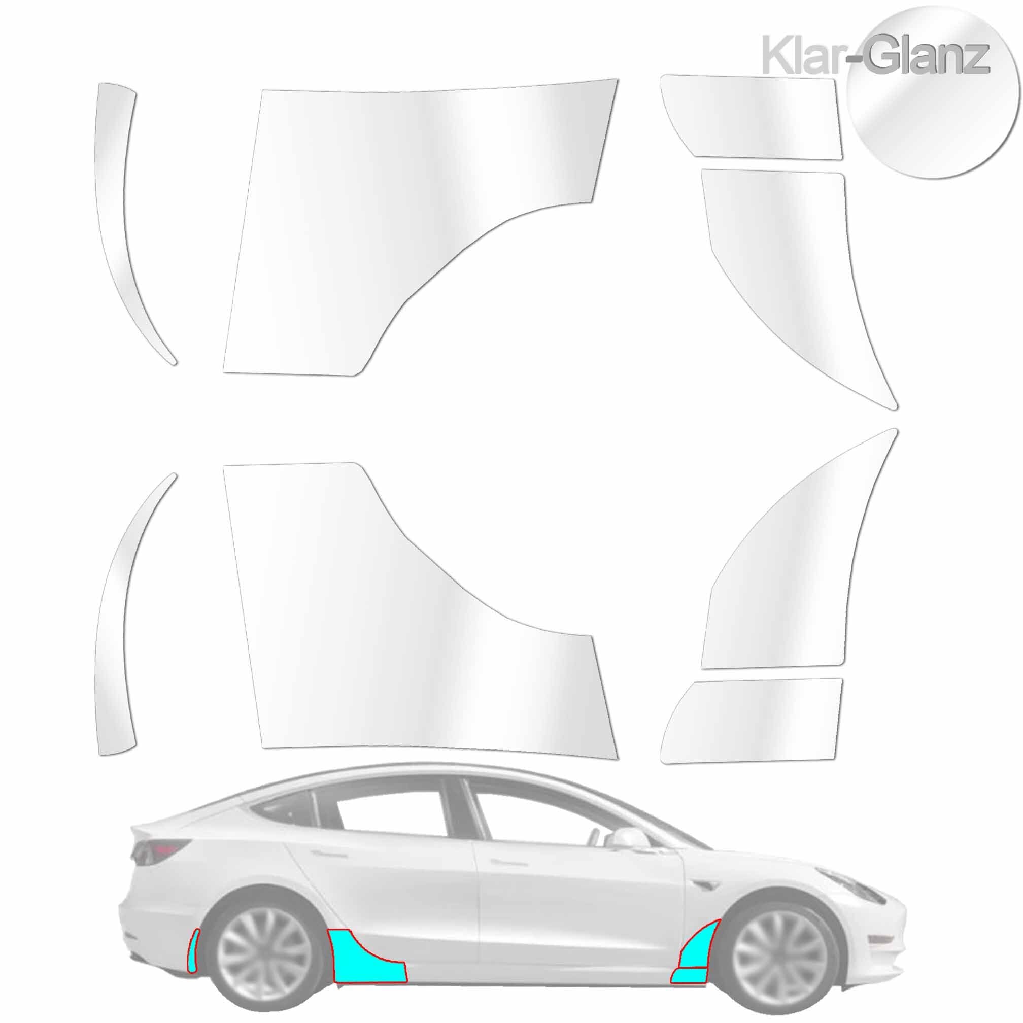 Steinschlagschutzfolie für Tesla Model 3 Kotflügel Seitenschweller - 8tlg - TRANSPARENT Klar Seitenteil, Lackschutz, Kratzschutz, Selbstklebend, Autofolie