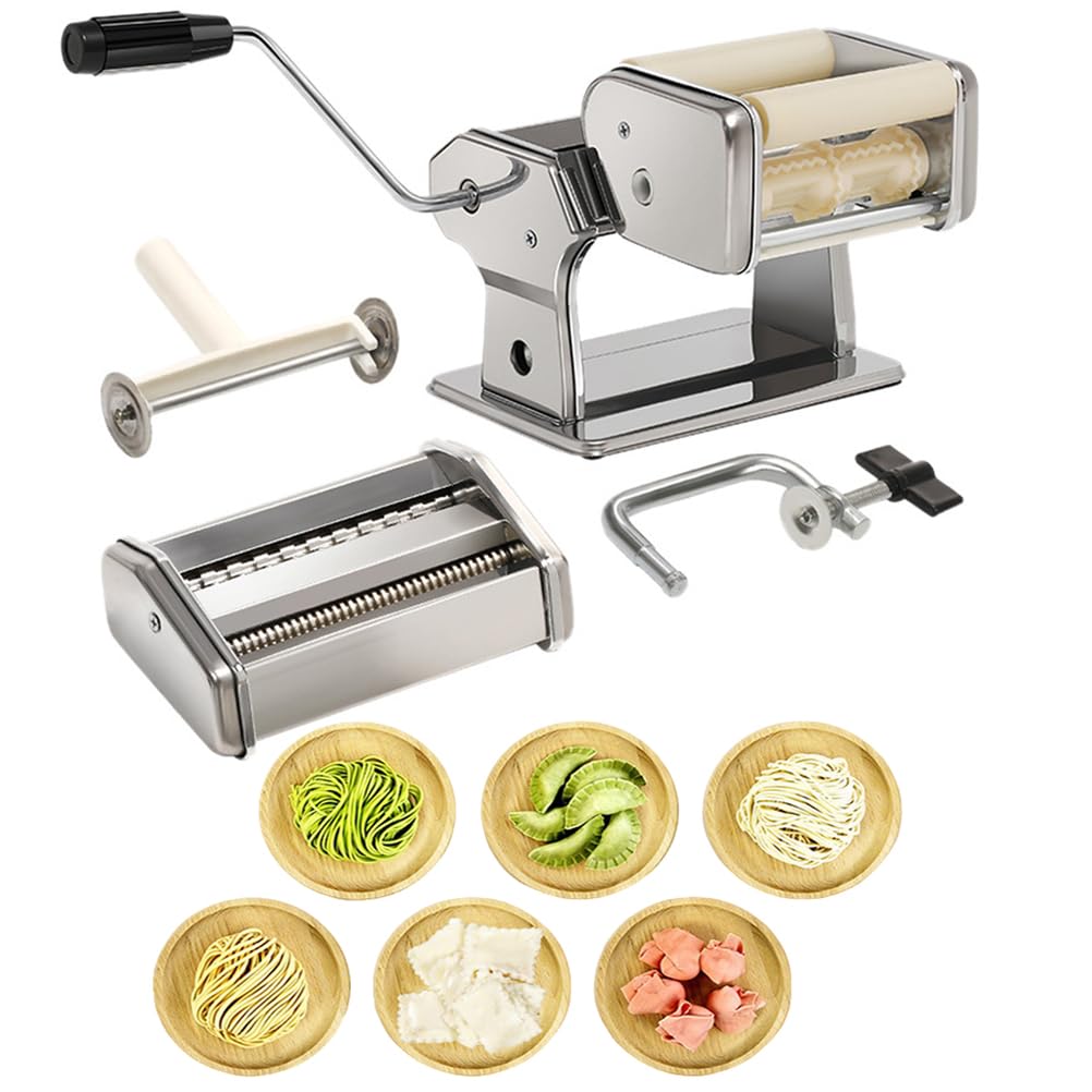 Ravioli Maker Pasta Maker - Edelstahlmaschine mit 2 austauschbaren Aufsätzen, langlebige Ausstecher für Spaghetti-Nudeln, Heimküche