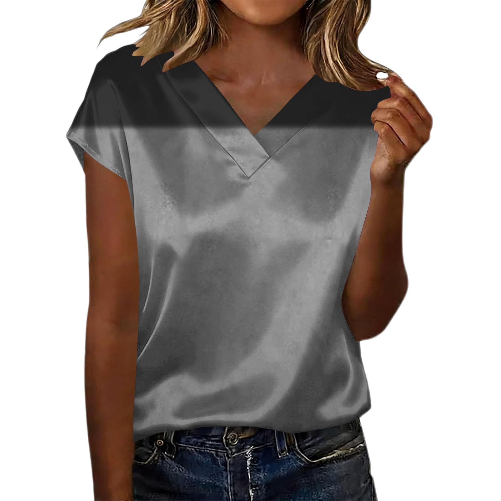 Leaomuny Camicia Donna Elegante Manica Corta,Camicie Raso Scollo a V Cerimonia,Curvy Blusa Estiva Oversize Eleganti Fantasia,Camicetta Slim Fit Leggera Vintage,Maglietta Casual Lavoro Ufficio T Shirt