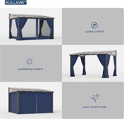 Miniatura 6 de Cenador de techo rígido de 10 x 12 pies para patio, pérgola con techo inclinado de policarbonato inclinado, marco de aluminio duradero y cortina de