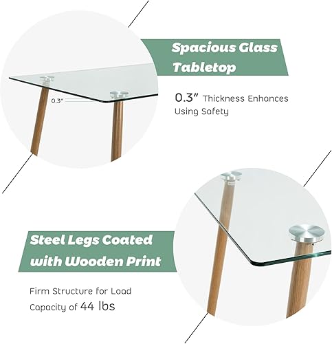 Miniatura 5 de Moccha - Mesa de comedor de cristal de 51 pulgadas, mesa rectangular moderna con amplia mesa de vidrio templado y patas de metal de grano de madera,