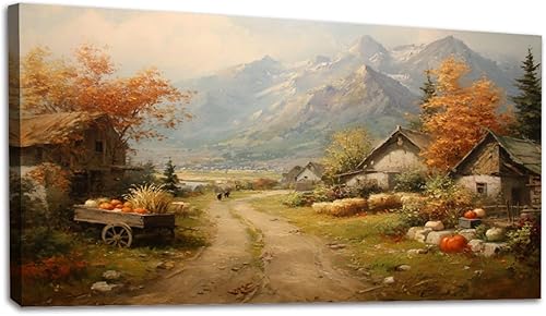 Miniatura 28 de 24"x 48" Fall Canvas Wall Art Highland Cow Rustic Vintage Forest Landscape Farmhouse Autumn Framed Pictures Painting Print Large Wall Art for Living