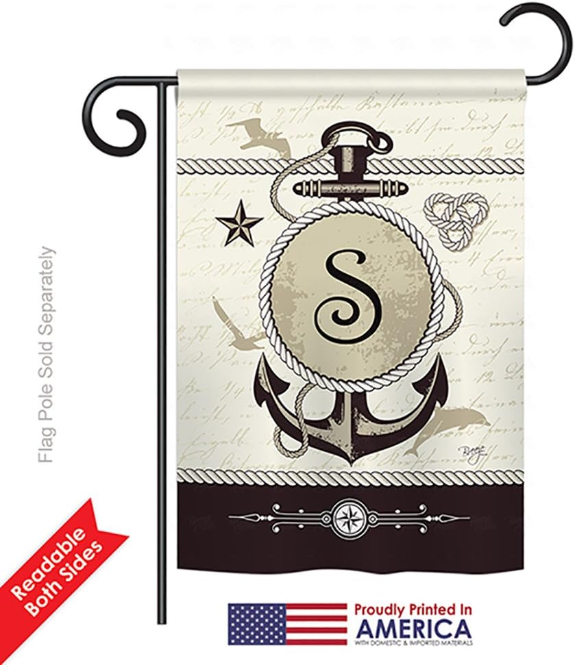 Nautical S Initial Garden House Flags Set Monogram Coastal Anchor Sailor Sea Shells Outdoor Summer Ocean Small Decorative Gift Yard Banner Double-Sided Made In USA 28 X 40