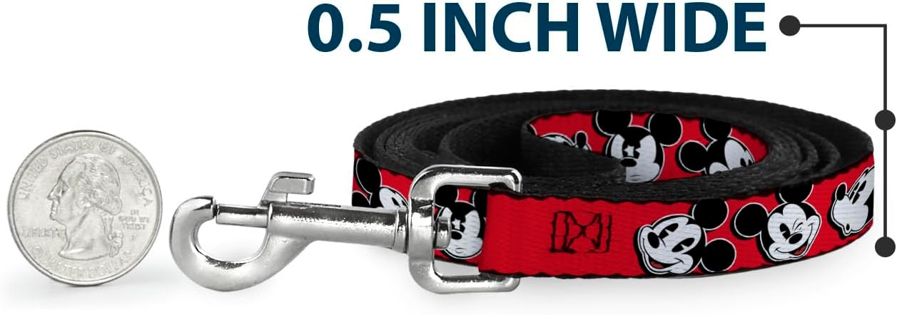 Buckle-Down Pet Leash - Mickey Mouse Expressions Red/Black/White - 6 Feet Long - 1" Wide