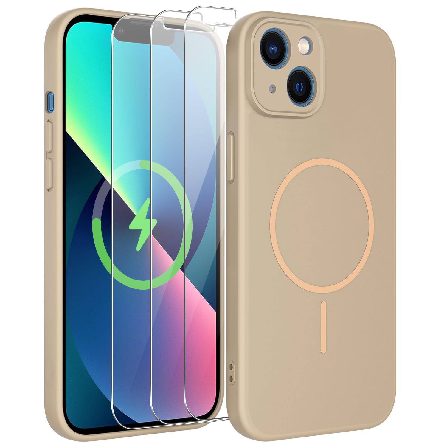 jrester Cover Magnetica per iPhone 13, PC+TPU Bumper Shockproof con Magnetsicher, Custodia Robusta Resistente agli Urto con 3 Vetro Temperato Pellicola Protettiva - Oro