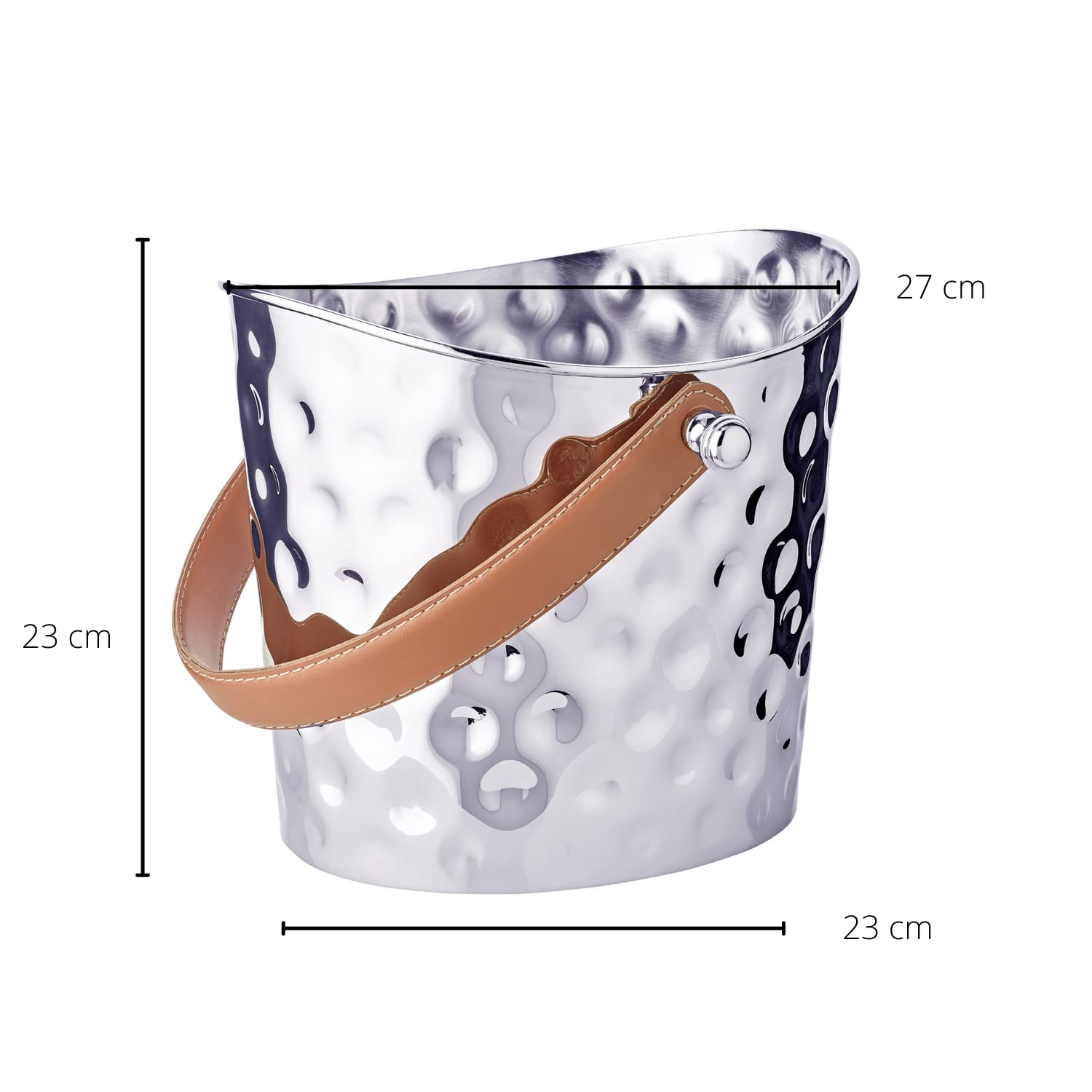 EDZARD Champanera Gilbert (B 28 cm, H 23 cm), acero inoxidable martillado, niquelado brillante, con asa de piel marrón – enfriador de vino, enfriador de botellas, cubitera