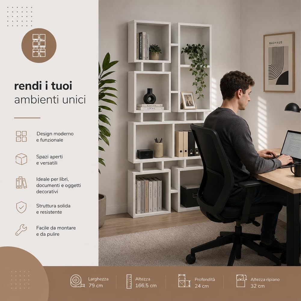 Shally Dogan Libreria a 4 Ripiani Multiscaffale in Legno Design Moderno, Scaffalatura Versatile con Struttura Resistente, Ideale per Soggiorno, Ufficio, Studio, Camera da Letto (Bianco)
