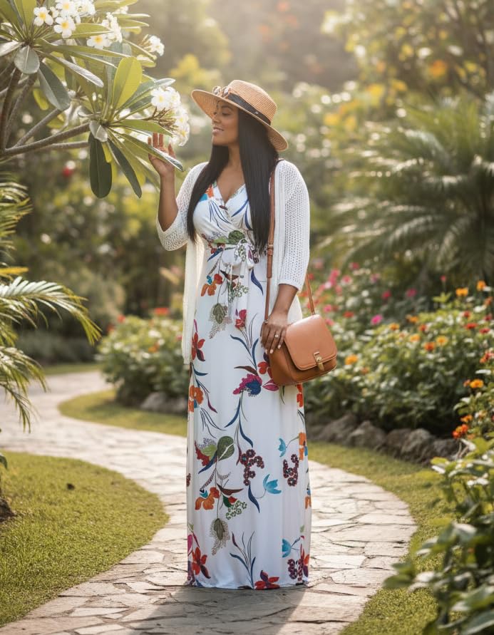 Image of FANDEE Plus Size Maxi Dress for Women Casual Summer Sundress V-Neck 3 /4 Sleeve