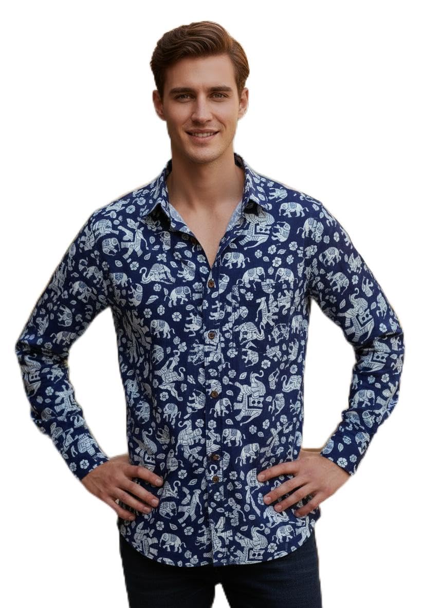 Men's Navy Blue Elephant Print Full Sleeve Cotton Shirt-picture-32