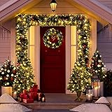 SOFTSEA 4-Piece Pre-lit Christmas Set, Artificial Christmas Garland, Wreath and Set of 2 Entrance Tree with LED Lights for Porch Front Door Decor, Lighted Holiday Xmas Tree Indoor & Outdoor, Green
