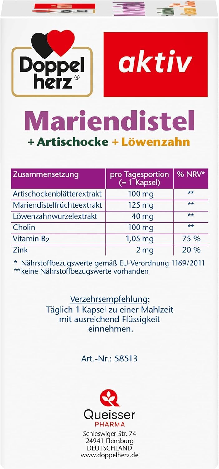 Doppelherz Mariendistel + Artischocke + Löwenzahn - Cholin trägt zum Erhalt der normalen Leberfunktion bei - 120 Kapseln