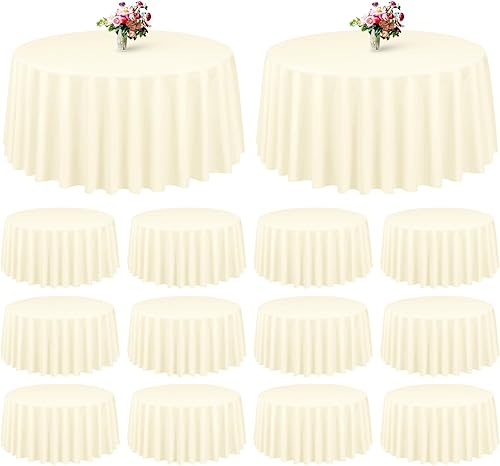 Miniatura 723 de Paquete de 8 manteles redondos blancos de 90 pulgadas, manteles redondos de poliéster lavables para mesa de tela decorativa resistente a