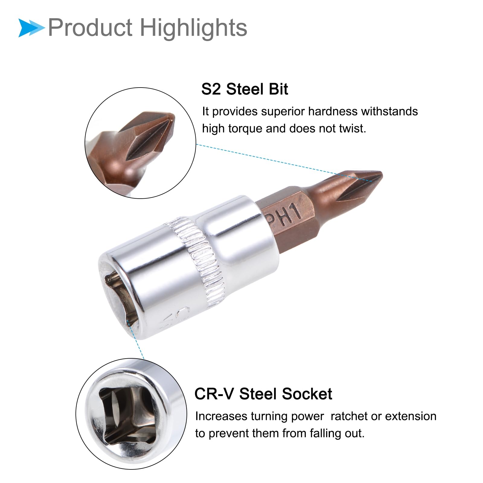 CoCud Phillips Bit Socket, Metric PH1 Bit 1/4" Drive 1.5" Long, S2 Alloy Steel Heat Treated CR-V Socket - Image 4