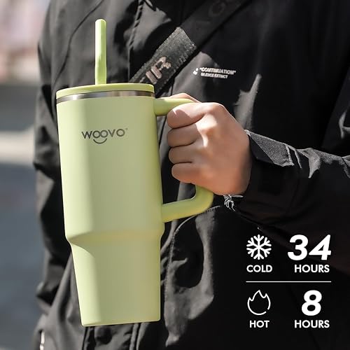 Miniatura 3 de WOOVO Vaso de 40 onzas con asa y tapa con popote, vaso aislado con popote y asa, vaso de acero inoxidable de grado alimenticio de 40 onzas, apto