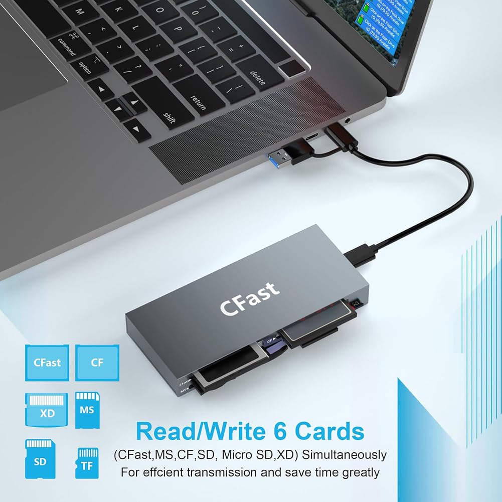 CFast - Lector de tarjetas USB C multifunción 6 en 1 de 5 Gbps para lector de tarjetas CFast/CF/MS/SD/TF/XD