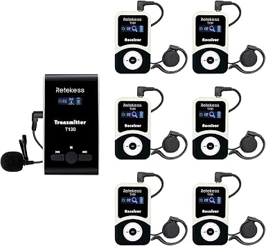 Retekess T130 Tour Guide Headsets System, Whisper Device, Classic Style, Easy to Use, Tour Guide Microphone for Church, Court, Conference (1 Transmitter 6 Receivers)