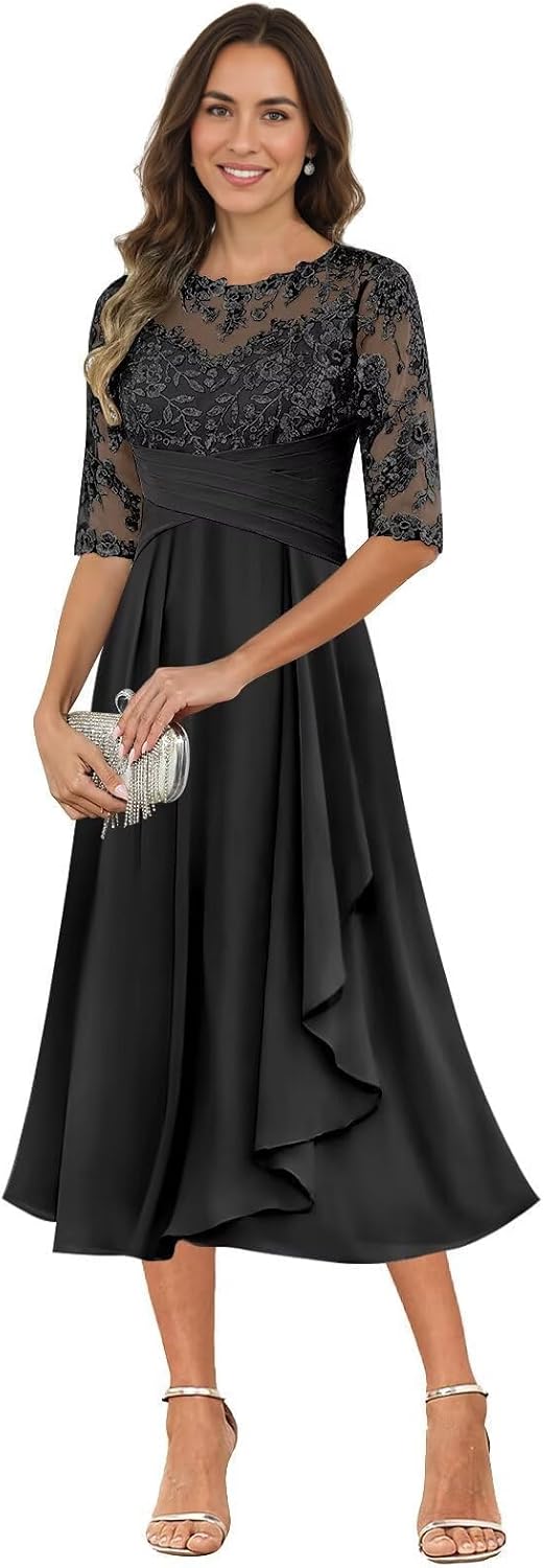 Chiffon Mother of The Bride Dresses - Tea Length Half Sleeve Ruffles Formal Wedding Guest Dress for Women