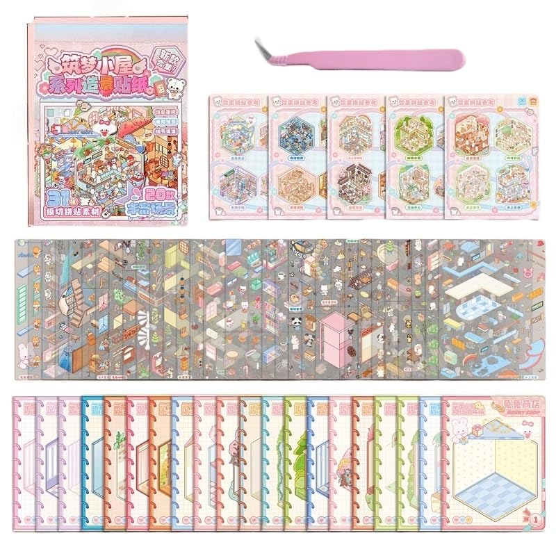 kaensc DIY 3D House Stickers with Tweezers,20 Sets Cute Cartoon 3D DIY Sticker Scenes Make Your Own Miniature Shop Ocean World Store Therapy for Adult Relief Stress Pass The Time